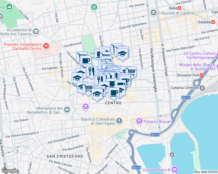 map of restaurants, bars, coffee shops, grocery stores, and more near 107 Via Etnea in Catania