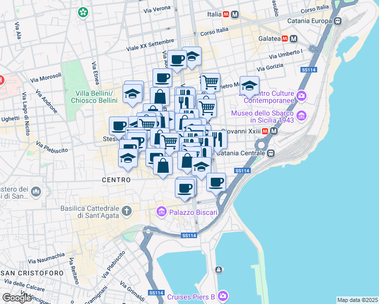 map of restaurants, bars, coffee shops, grocery stores, and more near 28 Corso Martiri della Libertà in Catania