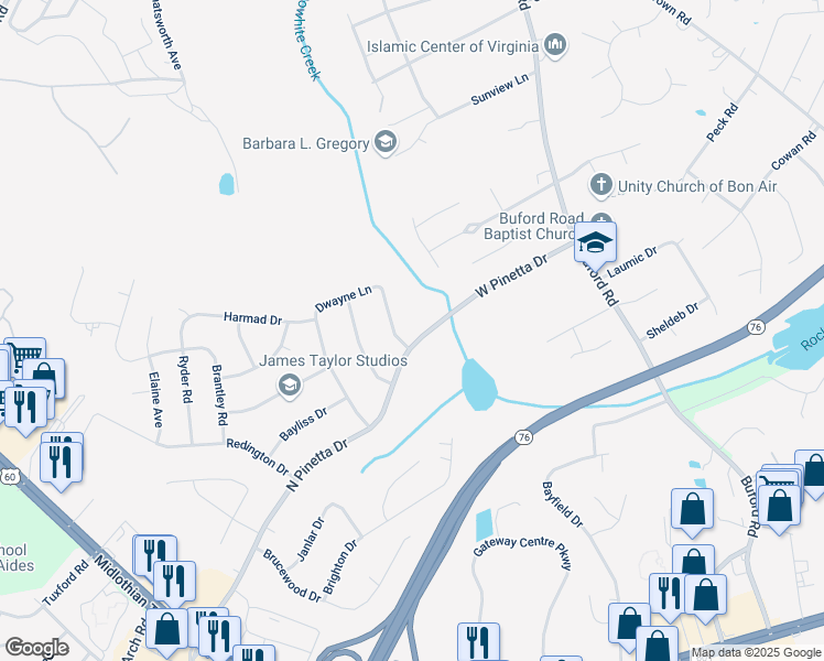 map of restaurants, bars, coffee shops, grocery stores, and more near 814 North Pinetta Drive in Richmond