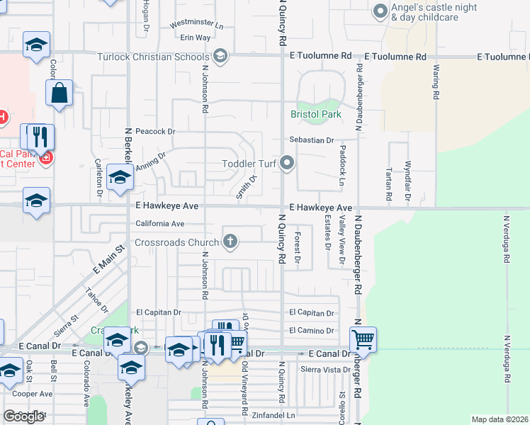 map of restaurants, bars, coffee shops, grocery stores, and more near 2333 East Hawkeye Avenue in Turlock