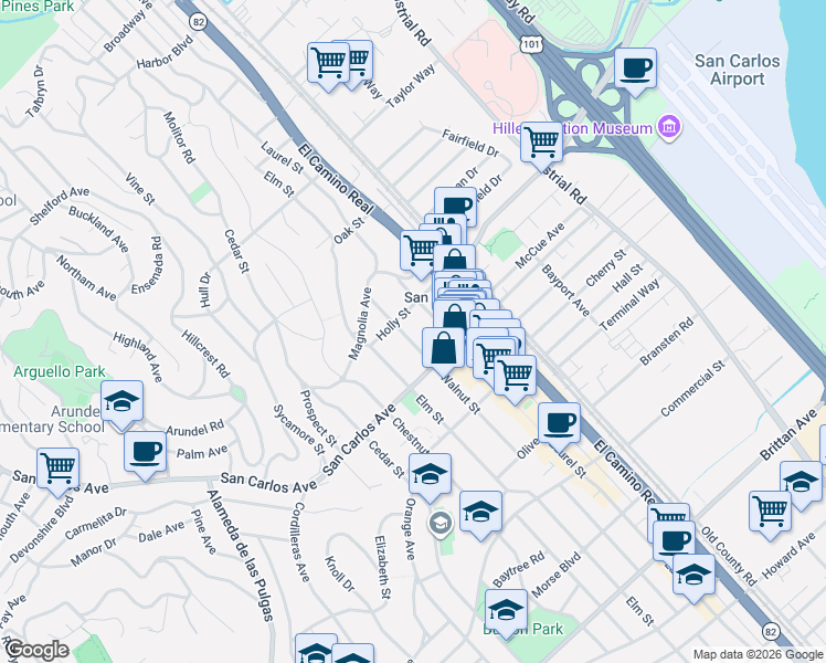 map of restaurants, bars, coffee shops, grocery stores, and more near 1290 Holly Street in San Carlos