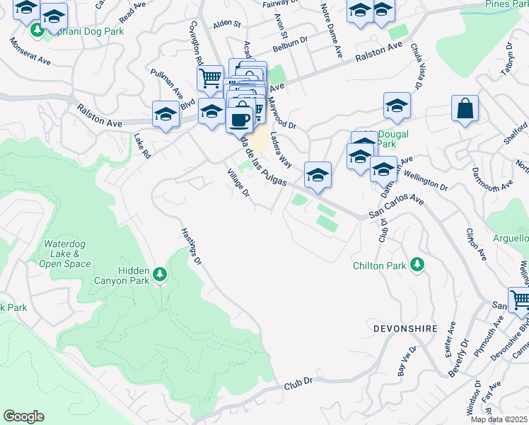 map of restaurants, bars, coffee shops, grocery stores, and more near 2120 Valerga Drive in Belmont