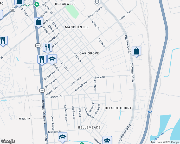 map of restaurants, bars, coffee shops, grocery stores, and more near 1711 Joplin Avenue in Richmond