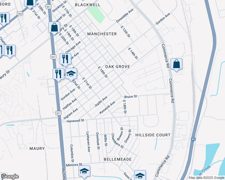map of restaurants, bars, coffee shops, grocery stores, and more near 1807 Joplin Avenue in Richmond