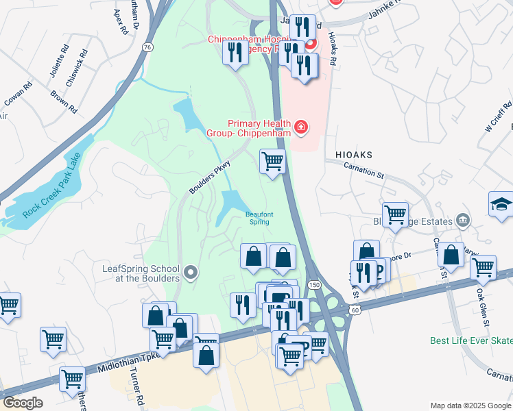 map of restaurants, bars, coffee shops, grocery stores, and more near 7325 Beaufont Springs Drive in Richmond