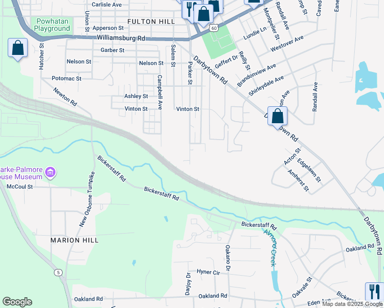 map of restaurants, bars, coffee shops, grocery stores, and more near 5511 Parker Street in Richmond