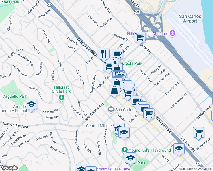 map of restaurants, bars, coffee shops, grocery stores, and more near 525 Walnut Street in San Carlos