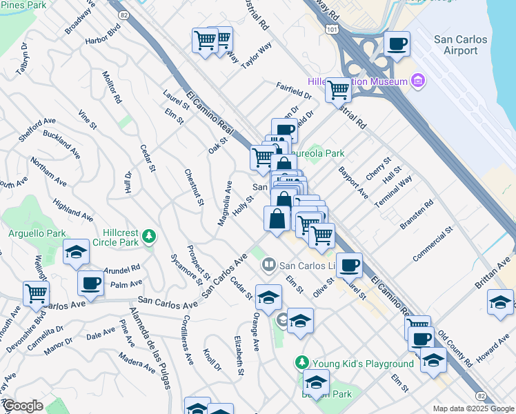 map of restaurants, bars, coffee shops, grocery stores, and more near 525 Walnut Street in San Carlos
