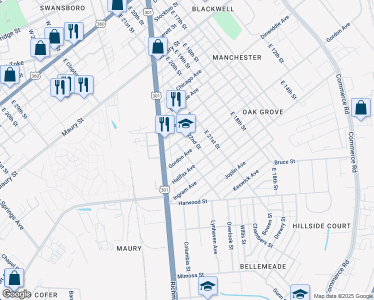 map of restaurants, bars, coffee shops, grocery stores, and more near 2215 Gordon Avenue in Richmond