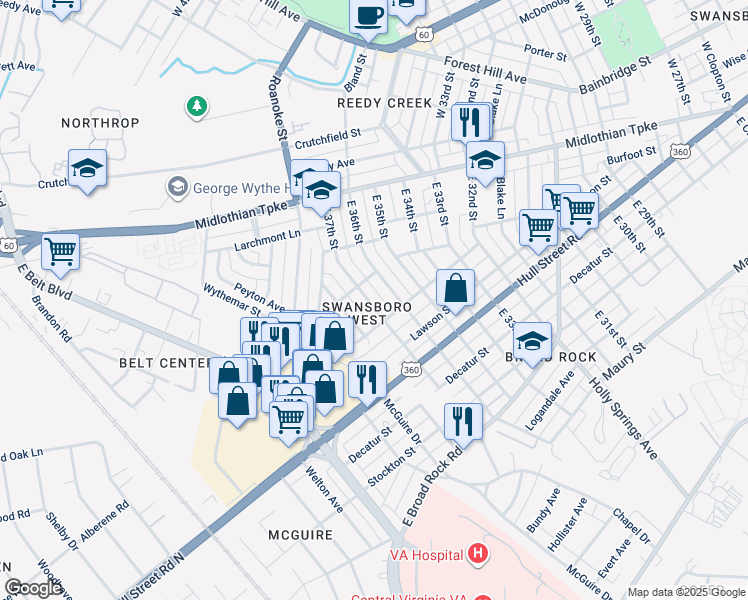 map of restaurants, bars, coffee shops, grocery stores, and more near 207 East 37th Street in Richmond