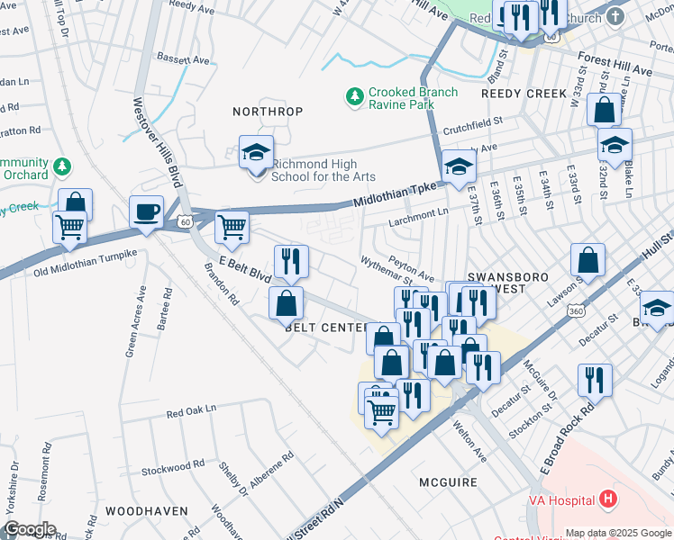 map of restaurants, bars, coffee shops, grocery stores, and more near 301 East Belt Boulevard in Richmond