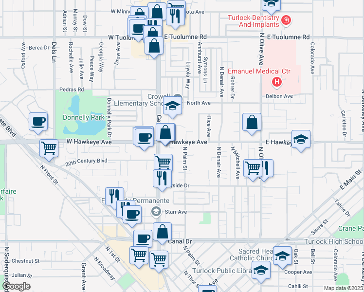 map of restaurants, bars, coffee shops, grocery stores, and more near 1606 Geer Road in Turlock