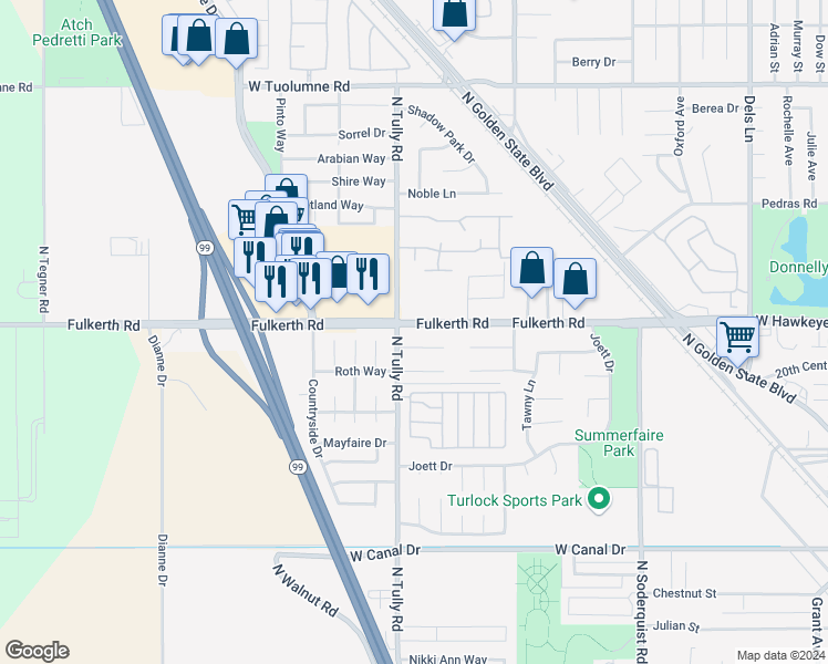 map of restaurants, bars, coffee shops, grocery stores, and more near in Turlock