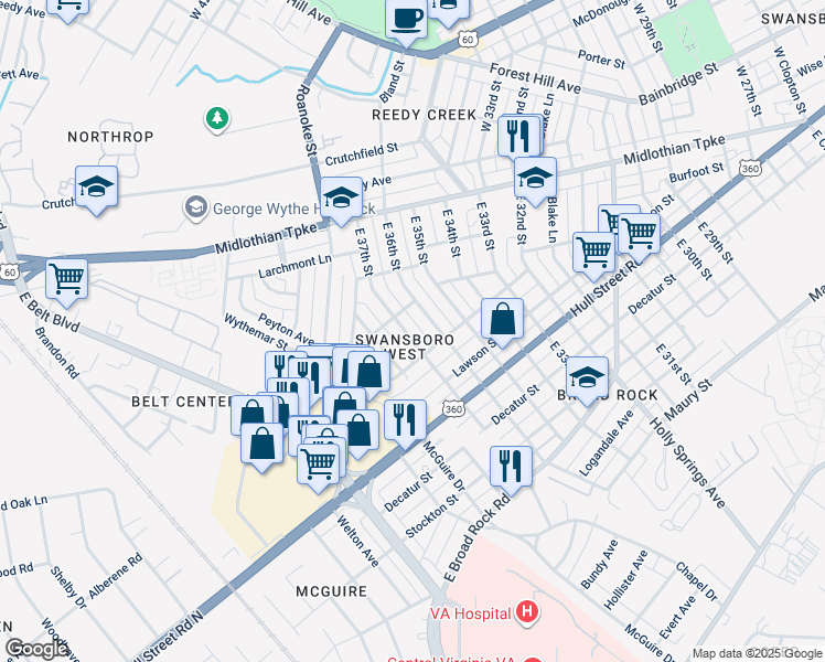 map of restaurants, bars, coffee shops, grocery stores, and more near 207 East 37th Street in Richmond