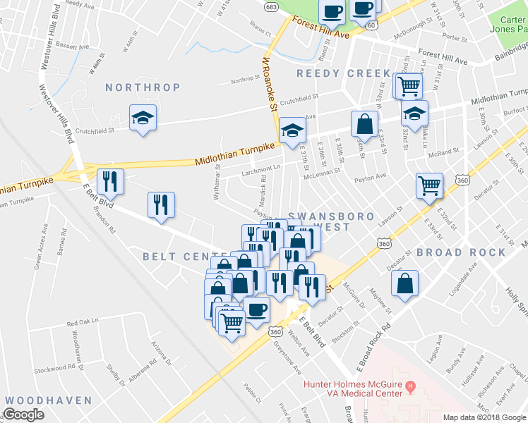map of restaurants, bars, coffee shops, grocery stores, and more near 215 Mardick Road in Richmond