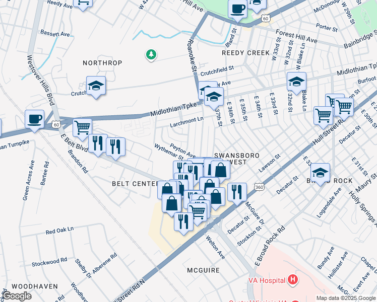 map of restaurants, bars, coffee shops, grocery stores, and more near 215 Mardick Road in Richmond
