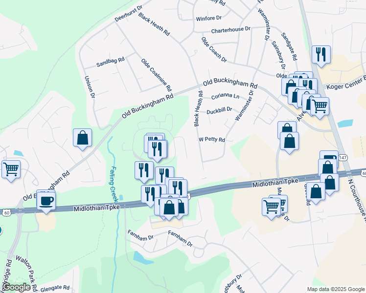 map of restaurants, bars, coffee shops, grocery stores, and more near 12237 Haydon Place in Midlothian