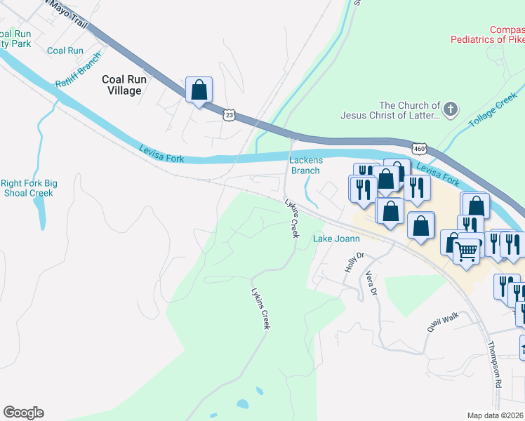 map of restaurants, bars, coffee shops, grocery stores, and more near 2-298 Gillian Street in Pikeville