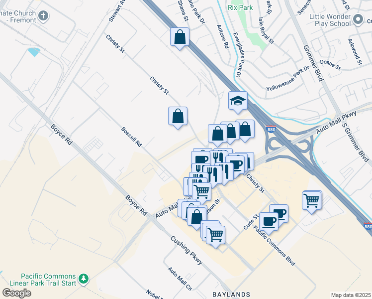map of restaurants, bars, coffee shops, grocery stores, and more near 5560 Boscell Common in Fremont