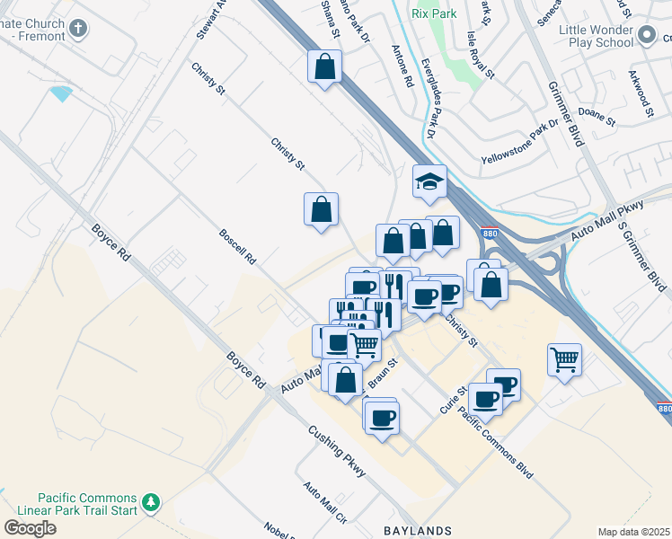 map of restaurants, bars, coffee shops, grocery stores, and more near 5560 Boscell Common in Fremont