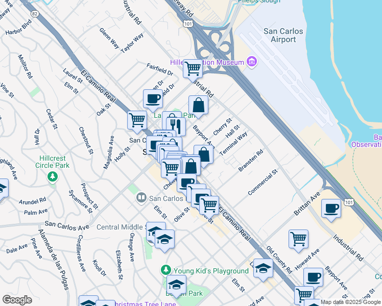 map of restaurants, bars, coffee shops, grocery stores, and more near 1058 Cherry Street in San Carlos