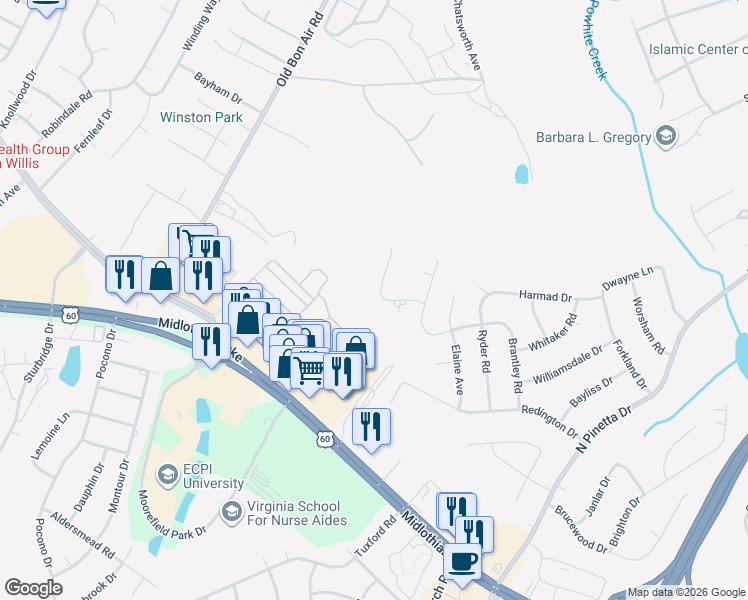 map of restaurants, bars, coffee shops, grocery stores, and more near 9655 Snowhill Road in Richmond
