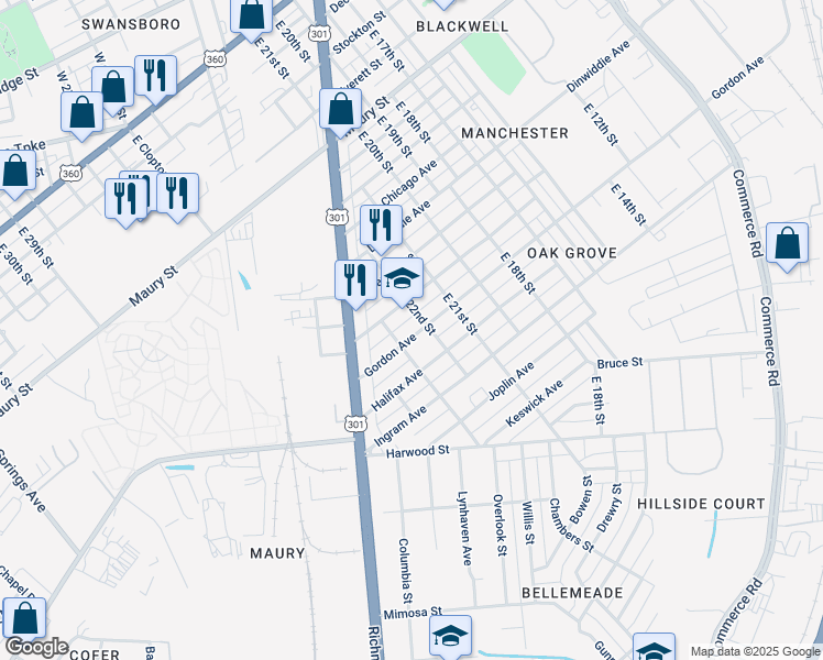 map of restaurants, bars, coffee shops, grocery stores, and more near 2209 Gordon Avenue in Richmond