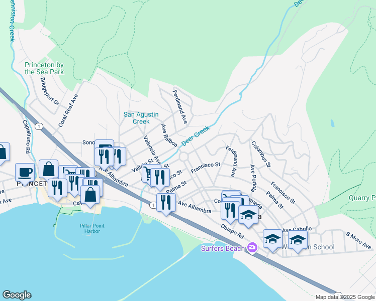 map of restaurants, bars, coffee shops, grocery stores, and more near 421 Columbus Street in Half Moon Bay
