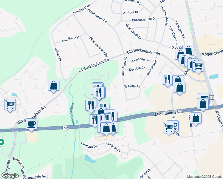 map of restaurants, bars, coffee shops, grocery stores, and more near 1904 Walmart Way in Midlothian