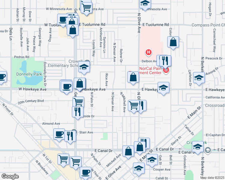 map of restaurants, bars, coffee shops, grocery stores, and more near 525 East Hawkeye Avenue in Turlock