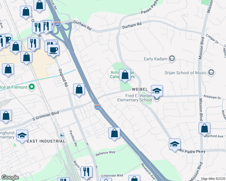 map of restaurants, bars, coffee shops, grocery stores, and more near 44966 Winding Lane in Fremont