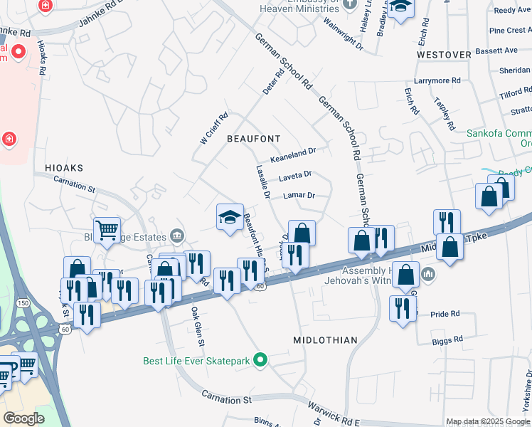 map of restaurants, bars, coffee shops, grocery stores, and more near 140 Lasalle Drive in Richmond