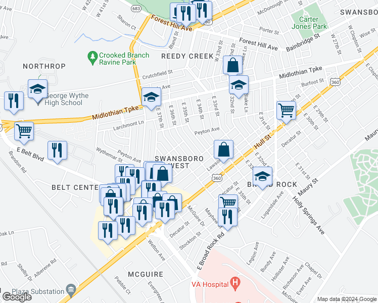 map of restaurants, bars, coffee shops, grocery stores, and more near 224 East 36th Street in Richmond