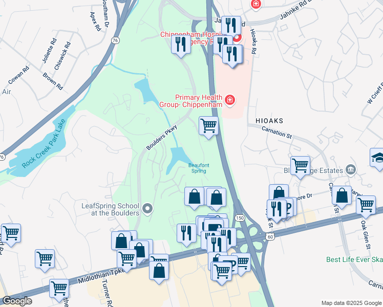 map of restaurants, bars, coffee shops, grocery stores, and more near 7325 Beaufont Springs Drive in Richmond
