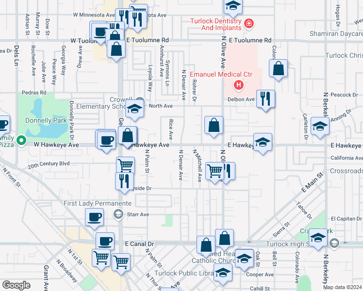 map of restaurants, bars, coffee shops, grocery stores, and more near 1598 North Denair Avenue in Turlock