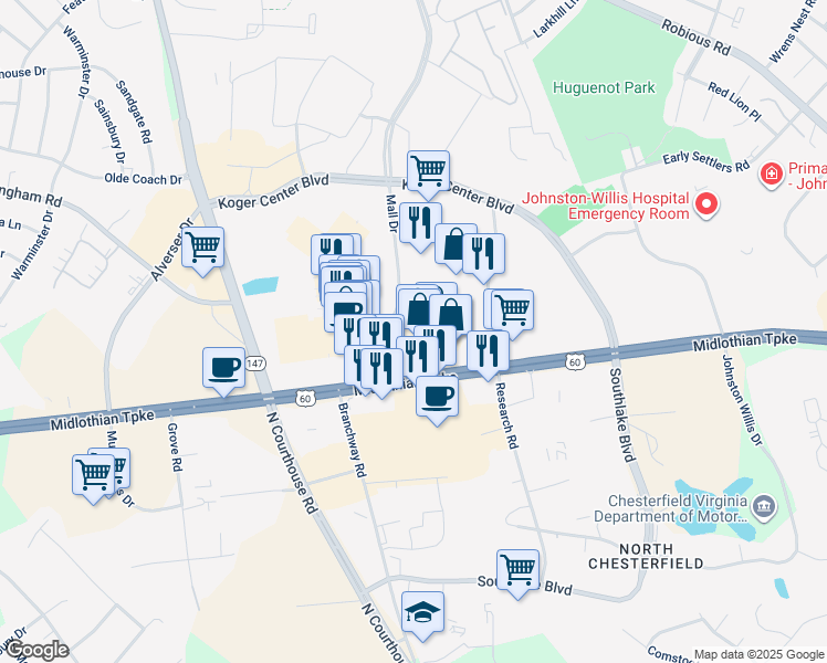 map of restaurants, bars, coffee shops, grocery stores, and more near 11382 Mall Court in Richmond