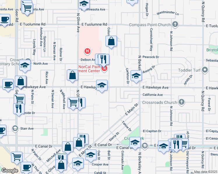 map of restaurants, bars, coffee shops, grocery stores, and more near 1325 East Hawkeye Avenue in Turlock