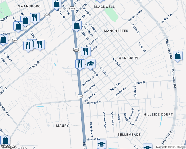 map of restaurants, bars, coffee shops, grocery stores, and more near 2207 Gordon Avenue in Richmond