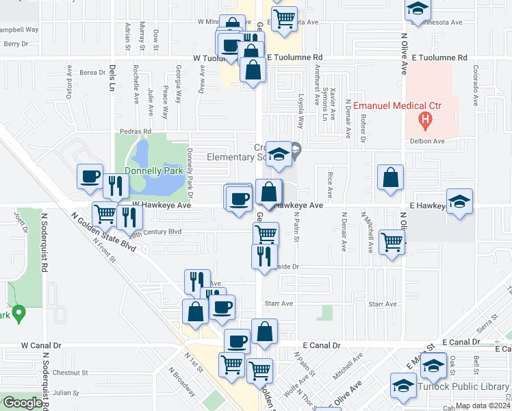 map of restaurants, bars, coffee shops, grocery stores, and more near 10 West Hawkeye Avenue in Turlock