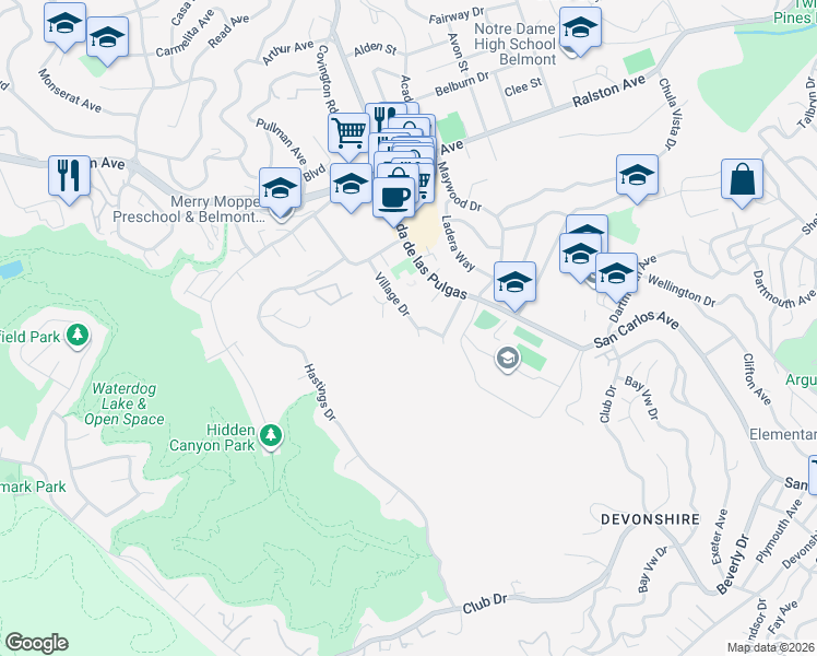 map of restaurants, bars, coffee shops, grocery stores, and more near 1152 Village Drive in Belmont