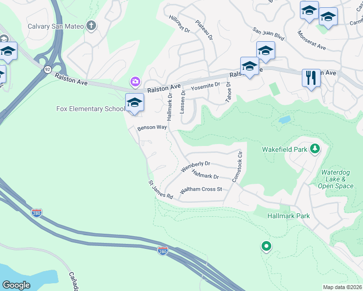 map of restaurants, bars, coffee shops, grocery stores, and more near 2816 Hallmark Drive in Belmont