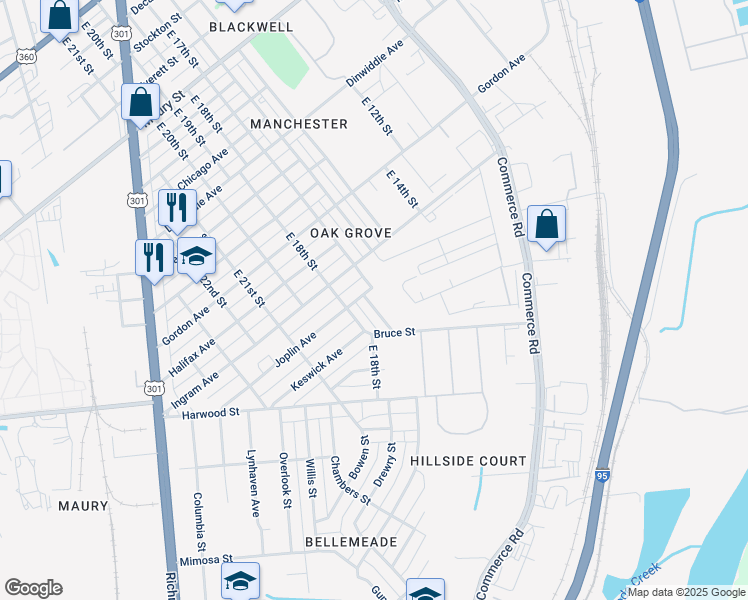 map of restaurants, bars, coffee shops, grocery stores, and more near 1404 Lenmore Street in Richmond