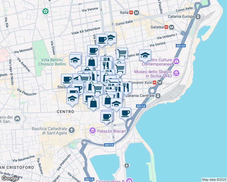 map of restaurants, bars, coffee shops, grocery stores, and more near 28 Corso Martiri della Libertà in Catania