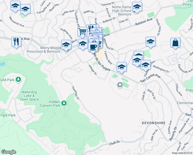 map of restaurants, bars, coffee shops, grocery stores, and more near 1152 Village Drive in Belmont