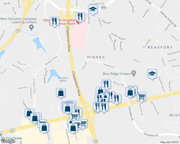 map of restaurants, bars, coffee shops, grocery stores, and more near 6931 Carnation Street in Richmond