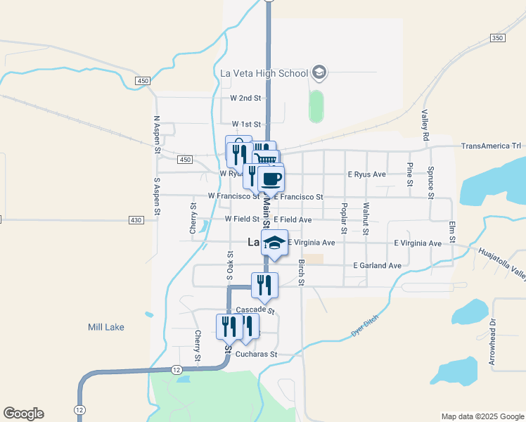 map of restaurants, bars, coffee shops, grocery stores, and more near 314 South Main Street in La Veta