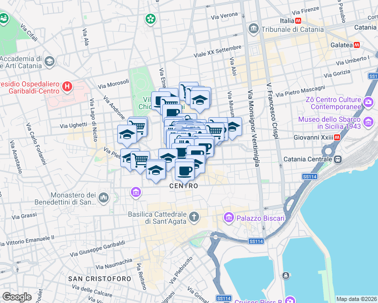 map of restaurants, bars, coffee shops, grocery stores, and more near 107 Via Etnea in Catania