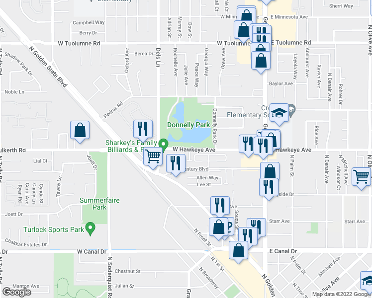 map of restaurants, bars, coffee shops, grocery stores, and more near 577 West Hawkeye Avenue in Turlock