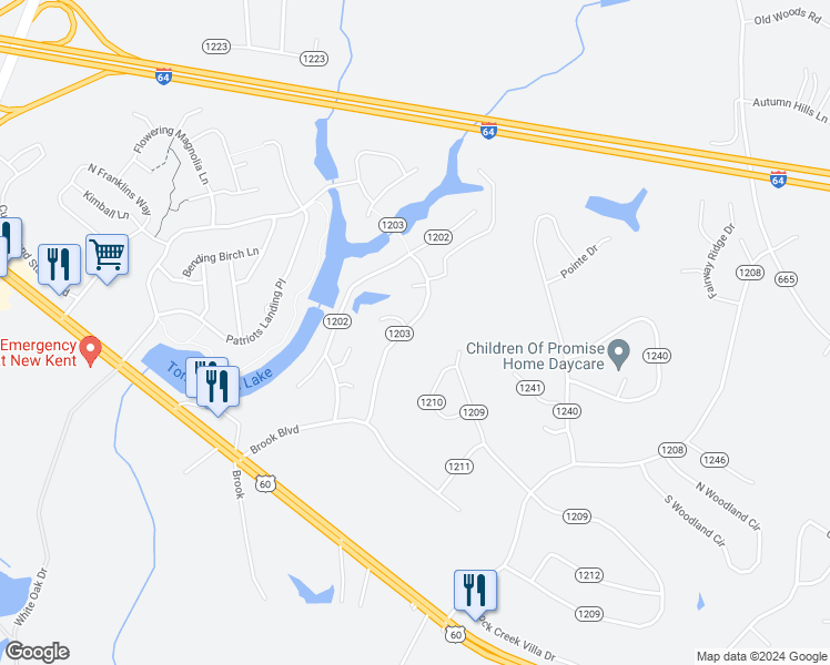 map of restaurants, bars, coffee shops, grocery stores, and more near 7301 Club Drive in Quinton