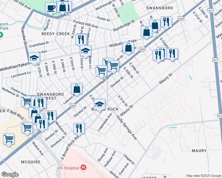 map of restaurants, bars, coffee shops, grocery stores, and more near 3102 Decatur Street in Richmond